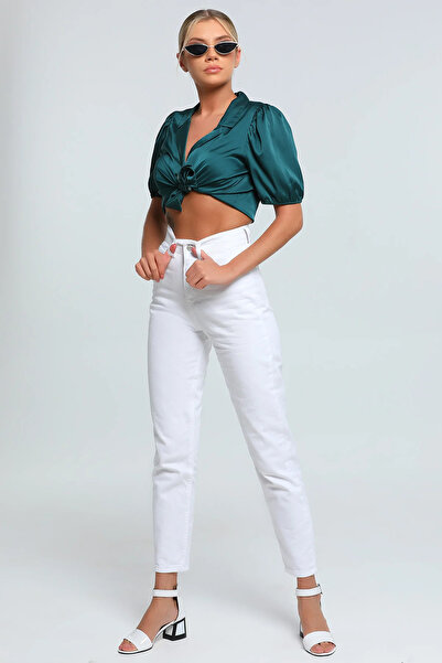 JAXEN Bt14381587 Women's High Waist White Comfort Stretch Fabric Boyfrend Mom Jeans Pants