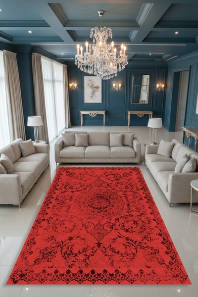 Kessy Home Studio Vega Kırmızı Desenli Dijital Baskı Salon Halısı Kaymaz Taba...