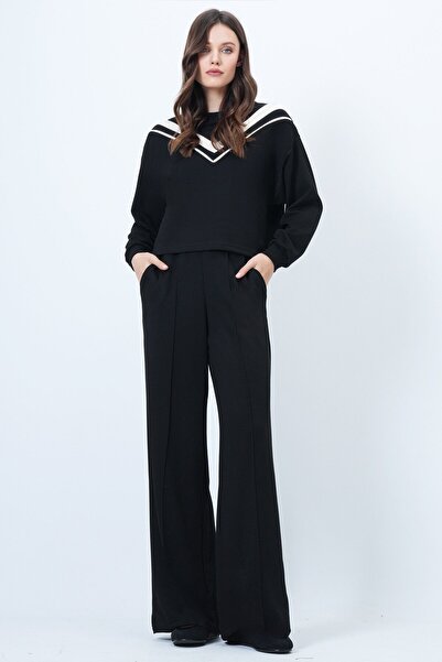 VAGGON Women's Black Crew Neck Striped Detail Blouse and Wide Leg Pants Set Vs01452