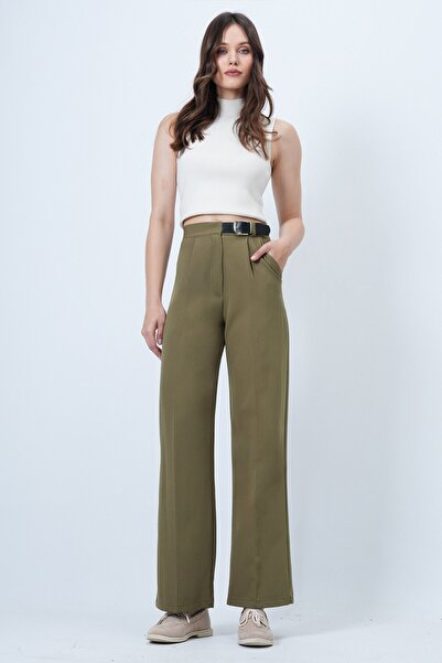 VAGGON Belted Button Closure Double Pocket Palazzo Pants