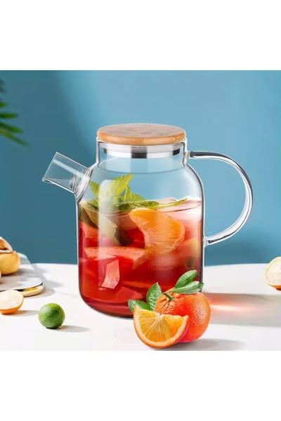 Yenigeldi Heat Resistant Borosilicate Glass Teapot Pitcher – Bamboo Lid, with Strainer, Cold & Hot
