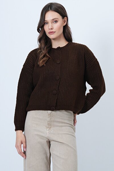 VAGGON Women's Brown Buttoned Crew Neck Corded Fabric Knitwear Cardigan Vs01465