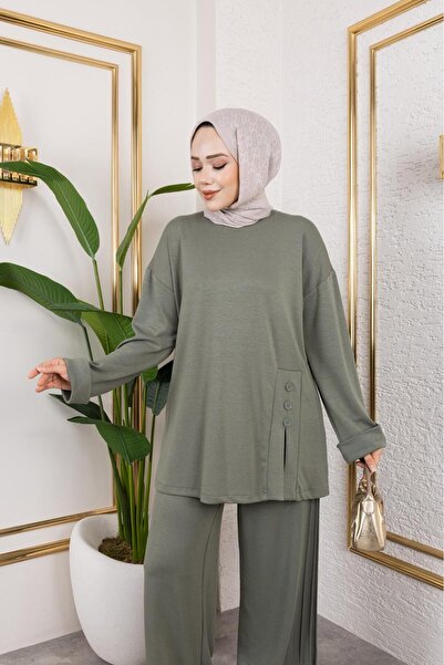 MODAMÜNASİP Comfortable and Stylish Two-Piece Set with Buttoned Cotton Viscose Pants