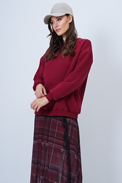 VAGGON Women's Burgundy Crew Neck 3 Thread O Oversized Basic Sweatshirt Vs01488