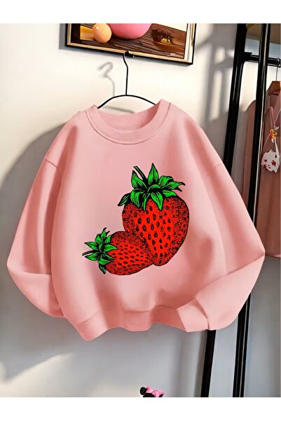 oneagılyazı Kız Çocuk Günlük Moda Sweatshirt, Spor Baskılı Kazak, çilek baskılı