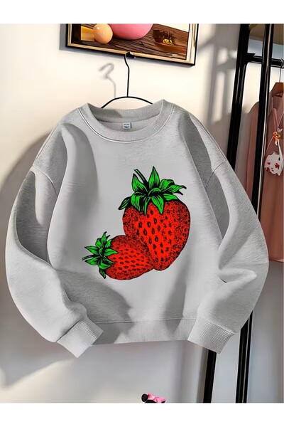 oneagılyazı Kız Çocuk Günlük Moda Sweatshirt, Spor Baskılı Kazak, çilek baskılı