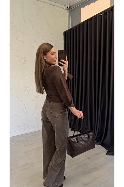 elif teke Asymmetrical Closure Double Button Shirt Bitter Brown