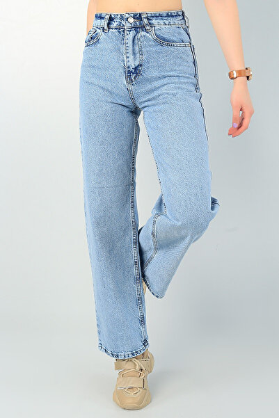 JAXEN بنطلون جينز نسائي عالي الخصر باللون الأزرق المغسول أرجل واسعة قماش قابل...