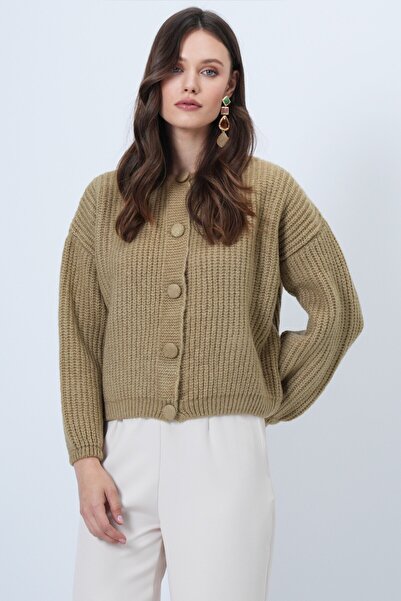 VAGGON Women's Khaki Buttoned Crew Neck Corded Fabric Knitwear Cardigan Vs01465