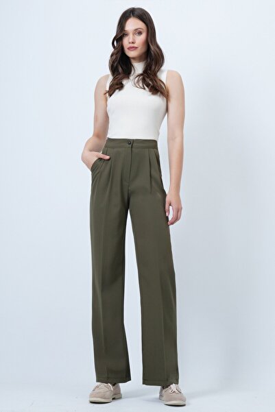 VAGGON Women's Khaki Button Closure Double Pocket Palazzo Pants Vs01449