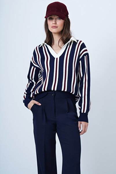 VAGGON Polo Neck Striped Knitwear Sweater