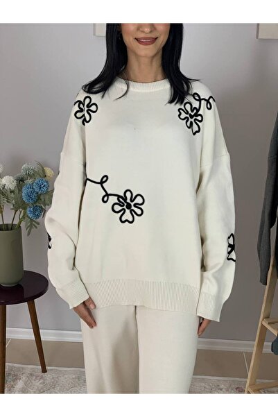 YusGos Women's Long Sleeve Floral Embroidered Crew Neck Knitwear Sweater Pants Set