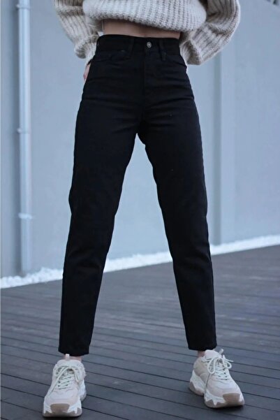 JAXEN بنطلون جينز نسائي BT17557649 عالي الخصر غير قابل للتلاشي باللون الأسود ...