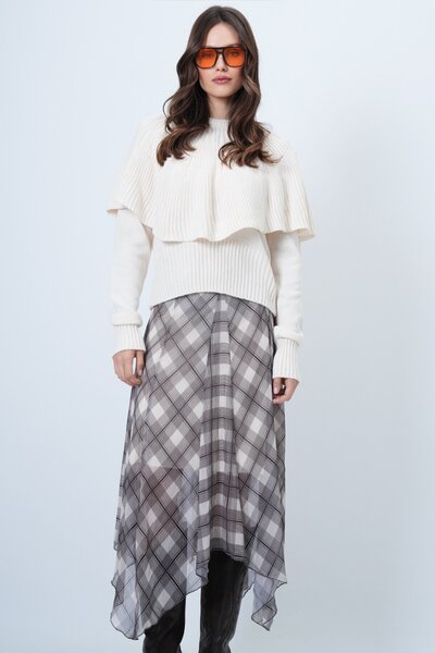 VAGGON Crew Neck Cape Detailed Corded Fabric Knitwear Sweater