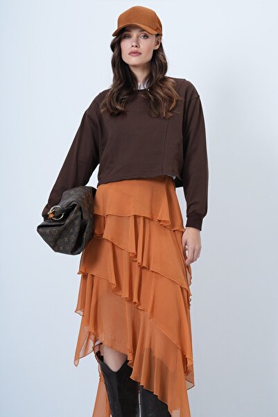 VAGGON Kadın Kahverengi Bisiklet Yaka Dikiş Detaylı Crop Sweatshirt Vs01425