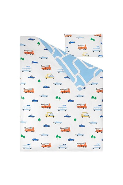 IKEA BERGFINK 3-piece bedlinen set with bag, multicolour vehicles/roads, 150x200/50x80 cm