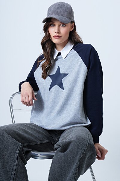 VAGGON Γυναικείο φούτερ με λαιμόκοψη σε μπλε ναυτικό χρώμα με τύπωμα oversized Vs01492