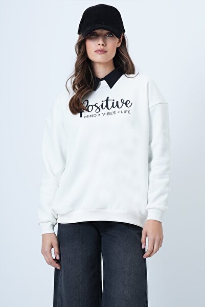 VAGGON Γυναικείο φούτερ εκρού με λαιμόκοψη 3 νήματα B με τύπωμα O oversized Vs01496