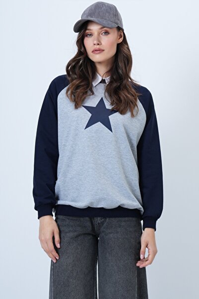 VAGGON Γυναικείο φούτερ με λαιμόκοψη σε μπλε ναυτικό χρώμα με τύπωμα oversized Vs01492