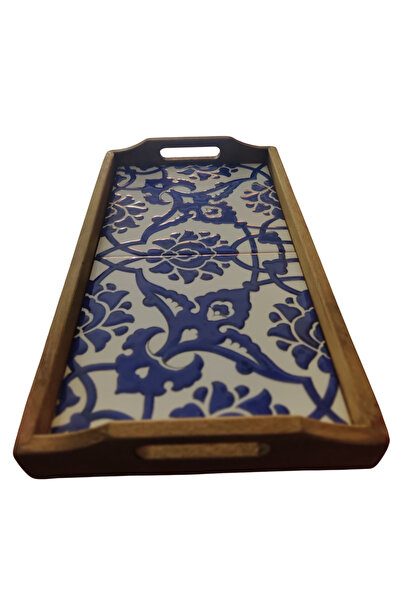 e-meta Kütahya Ceramic Wooden Serving Tray / Handmade Decorative Tray with Be...