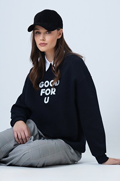 VAGGON Women's Navy Blue Crew Neck 3 Thread O Oversized Sweatshirt Vs01498