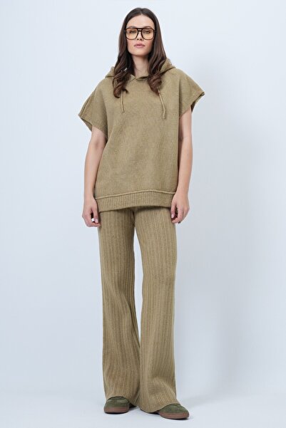 VAGGON Set de tricotaje pentru femei, kaki cu glugă fără mâneci și pantaloni cu talie elastică Vs01461