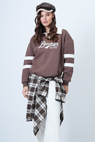 VAGGON Γυναικείο φούτερ με λαιμόκοψη πόλο με 3 κλωστές B με τύπωμα O oversized Vs01489