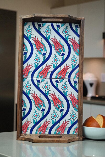 e-meta صينية تقديم خشبية مزخرفة من كوتاهيا / صينية زخرفية مصنوعة يدويًا بإطار من خشب الزان