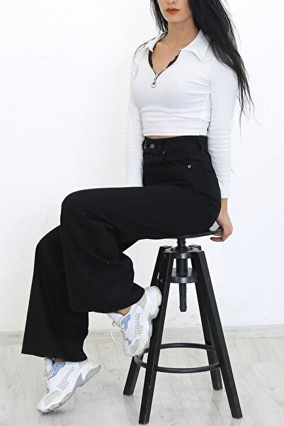 JAXEN Bt16751216 Black Super High Waist 90's Wide Leg Wide Leg Loose Comfort Stretch Fabric Jeans