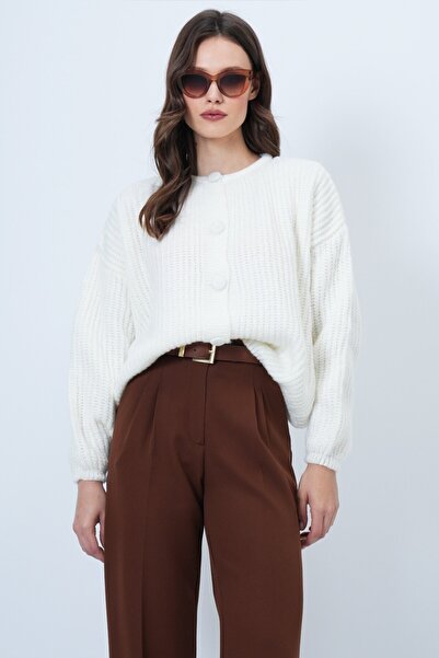 VAGGON Women's Ecru Buttoned Crew Neck Corded Fabric Knitwear Cardigan Vs01465