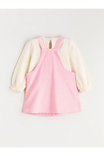 LC Waikiki Velvet Baby Girl Salopet Dress and T-Shirt with Bow Detail