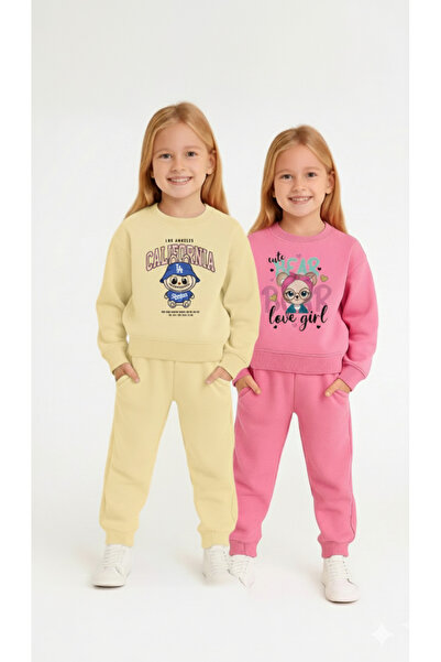 LİTTLE TORTOİSE Girl's Printed Winter Fleece-Lined Sweatshirt / Tracksuit Set