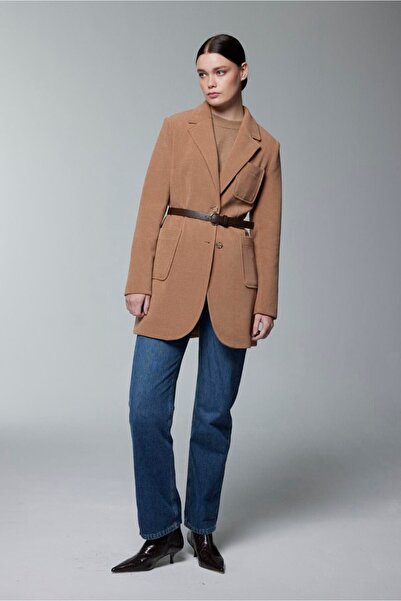 Zühre Double-Breasted Camel Jacket with Collar Belt Detail 0170