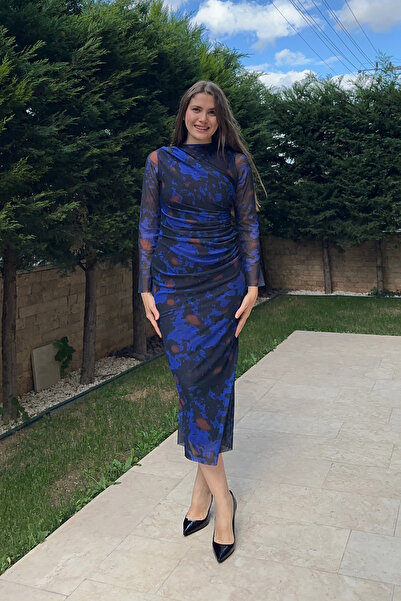 Sorridi Desenli Bisiklet Yaka Drapeli Tül Maxi Elbise