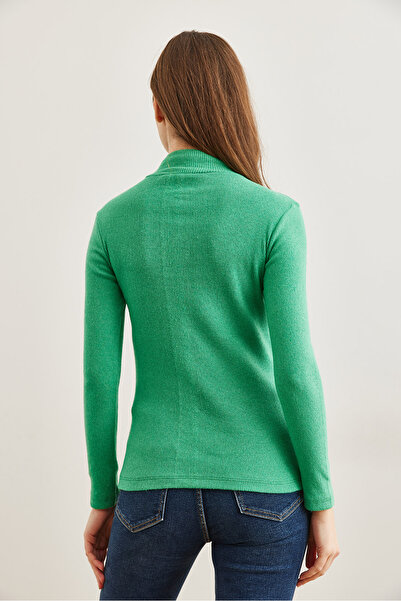 Olalook Women's Green Button Detailed Half Fisherman Fleece-Lined Stretchy Blouse Blz-19003155