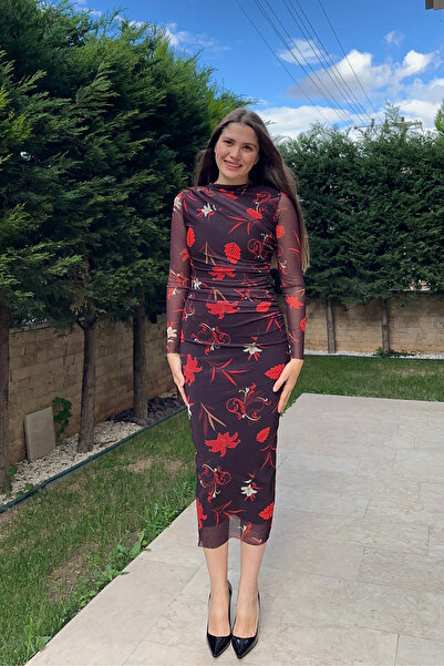 Sorridi Desenli Bisiklet Yaka Drapeli Tül Maxi Elbise