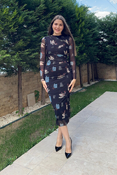 Sorridi Desenli Bisiklet Yaka Drapeli Tül Maxi Elbise