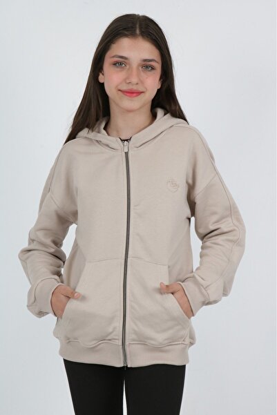Toontoy Cardigan tricotat pentru fete, bej, cu glugă, buzunare cu fermoar, cu...