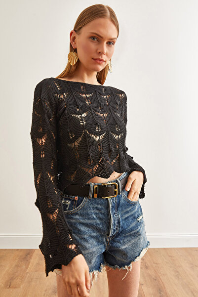 Olalook Women's Black Wide Neckline Skirt Wavy Cotton Knitwear Blouse Blz-19003161