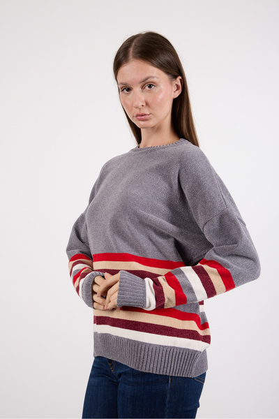 Clothes Fast Women's Gray Striped Crew Neck Chenille Velvet Knitwear Sweater