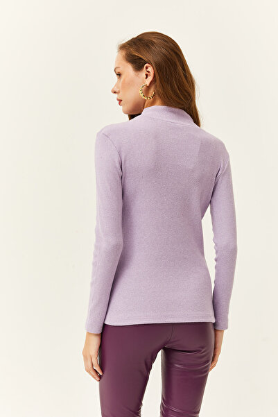 Olalook Kadın Lila Düğme Detaylı Yarım Balıkçı Şardonlu Esnekı Bluz BLZ-19003155