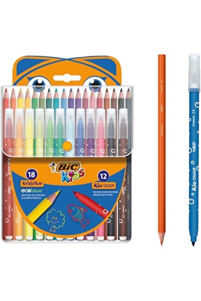 Bic Set mixt Creioane Colorate Evolution 18 bucati si Markere de Colorat 12 bucati,