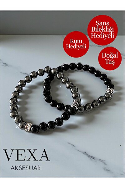 Vexa Aksesuar Oniks & Hematit Doğaltaş Bileklik Çift Sevgili Bileklik Seti – ...