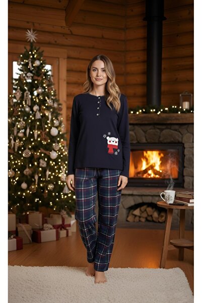 Nena 100% Cotton Long-Sleeved Navy Blue, Six Plaid, Cute Bear, Christmas Conc...