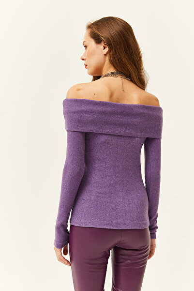 Olalook Women's Purple Madonna Collar Fleece-Lined Stretch Fabric Blouse Blz-19003153