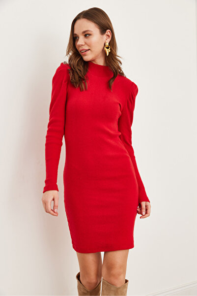 Olalook Women's Red Half Fisherman Sleeve Detailed Fleece-Lined Mini Dress Elb-19002564