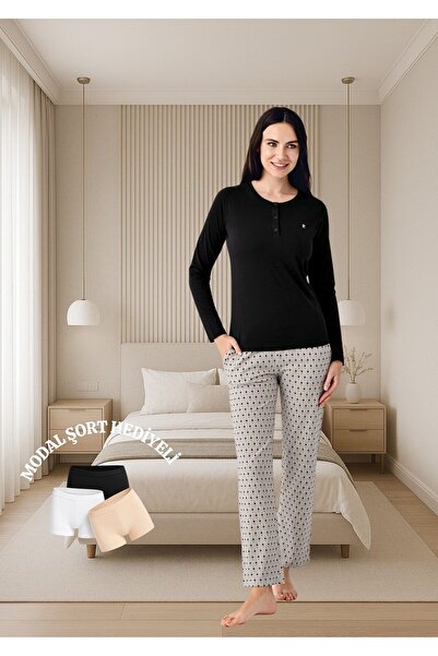 Pierre Cardin Long Sleeve Black Color Half Placket Women's Pajama Set Th1Cl02Pc