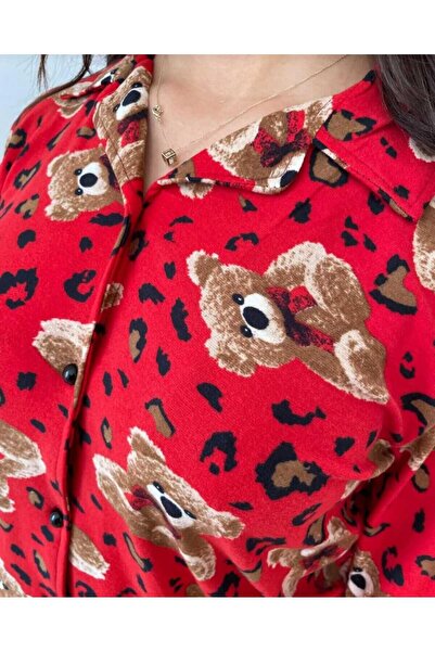 AdaTeks DÜĞMELİ KADIN PİJAMA TAKIMI AYICIK DESENLİ