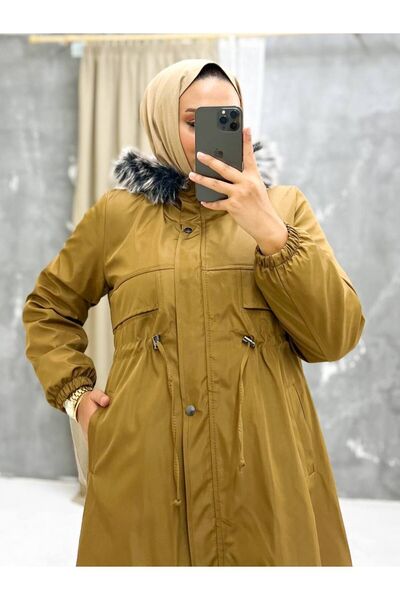 Vibeys Collection Tan Fur Lined and Waterproof Large Size Oversize Women's Winter Coat & Coat