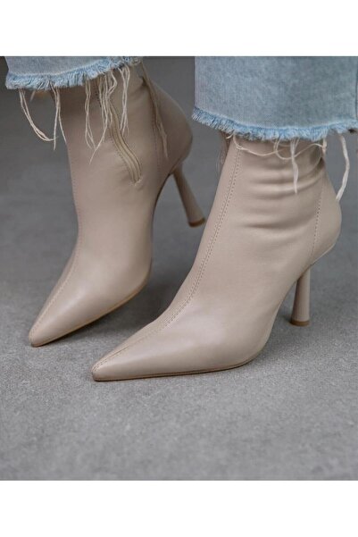 ViartHomeDesign Women's Marya Beige Stretch Skin Side Zipper Pointed Toe Thin Heeled Boots